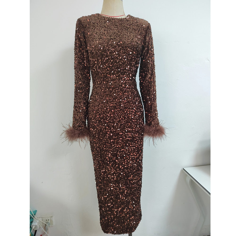 Autumn Women Long Sleeve Bodycon Dress - Shinning Sequins Feathers - Mid-calf Length - Party Dress