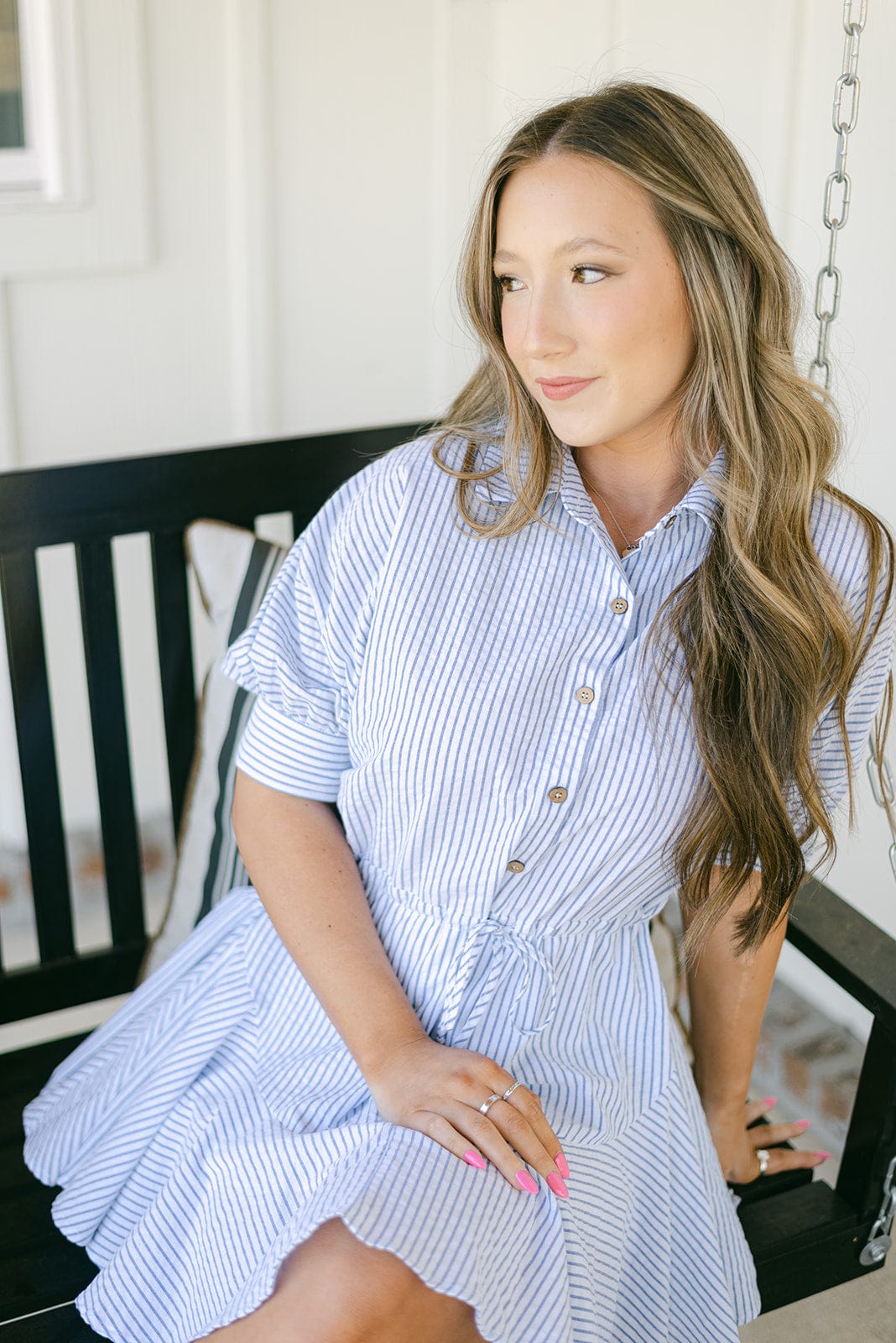 Blue Striped Button Down Mini Dress