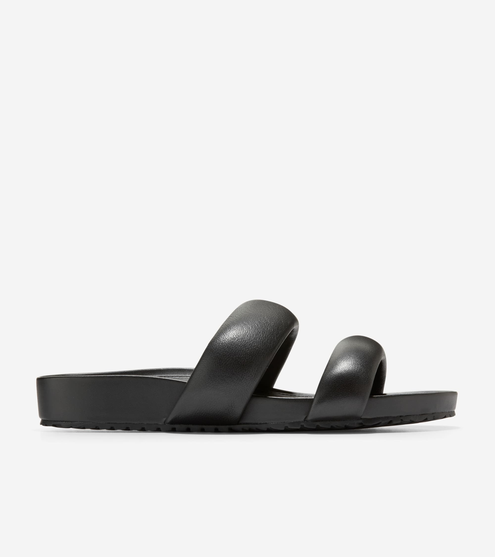 Cole Haan Black Leather Double Band Slip On Sandals with Rounded Open Toe Flat Style