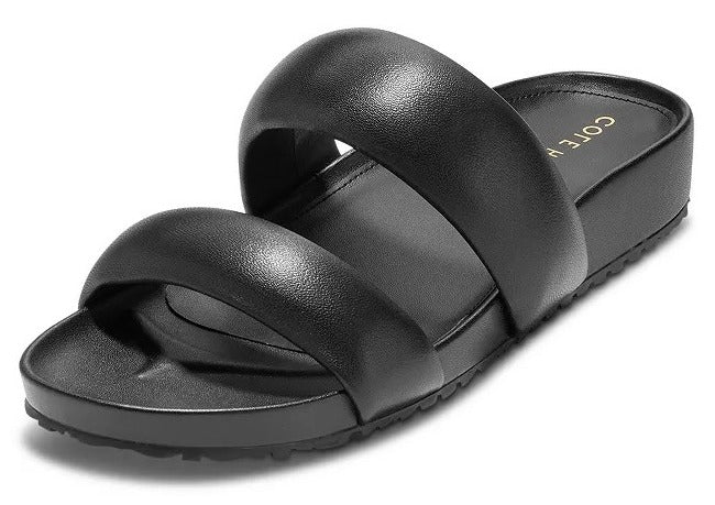 Cole Haan Black Leather Double Band Slip On Sandals with Rounded Open Toe Flat Style