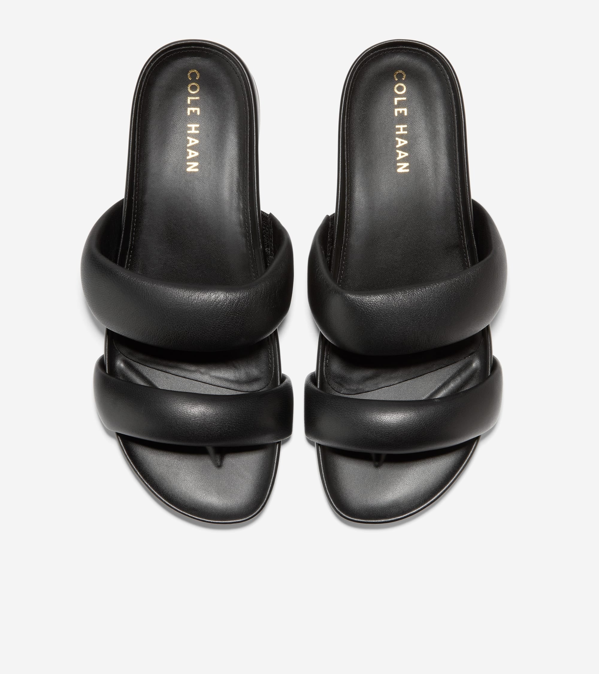 Cole Haan Black Leather Double Band Slip On Sandals with Rounded Open Toe Flat Style