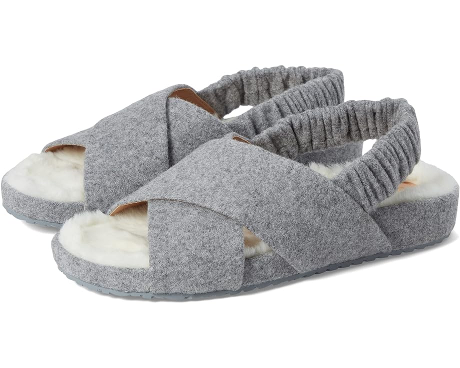 Cole Haan grey wool sandals, open toe, furry slingback, crisscross, rounded shape