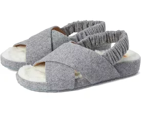 Cole Haan grey wool sandals, open toe, furry slingback, crisscross, rounded shape