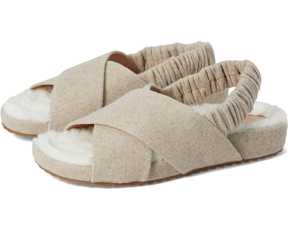 Cole Haan oatmeal wool slingback sandal with crisscross straps and furry open toe