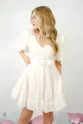 Cream Puff Sleeve Mini Dress with Belt.