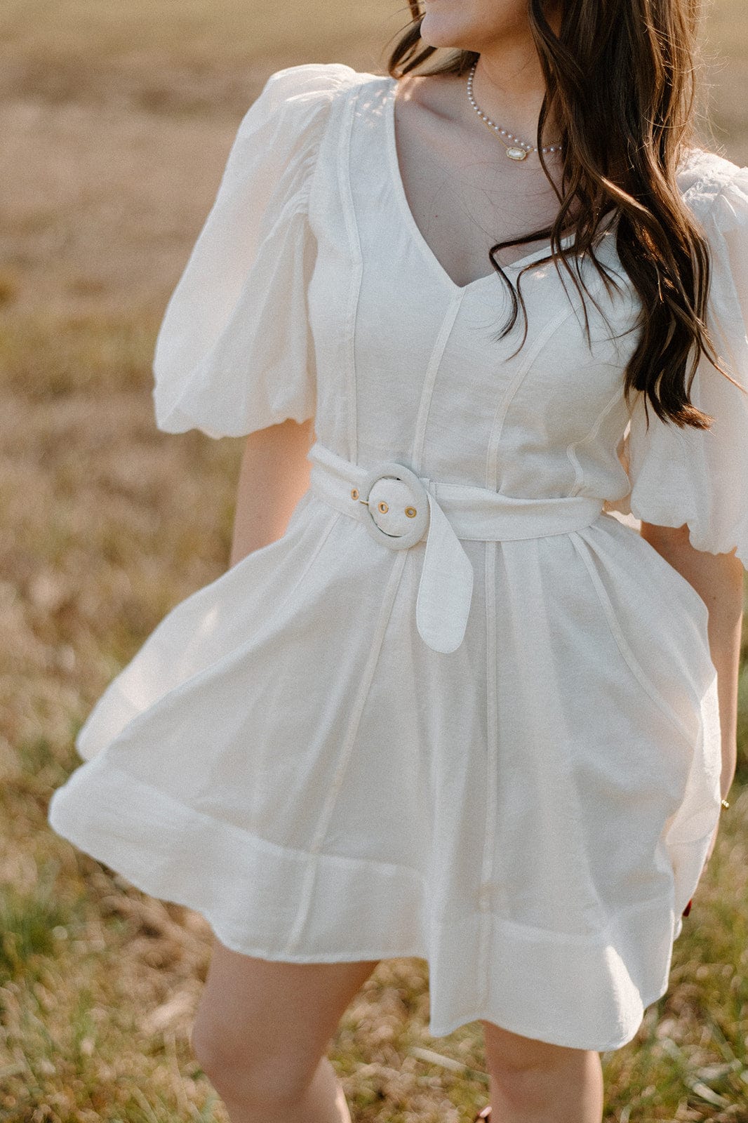 Cream Puff Sleeve Mini Dress with Belt.