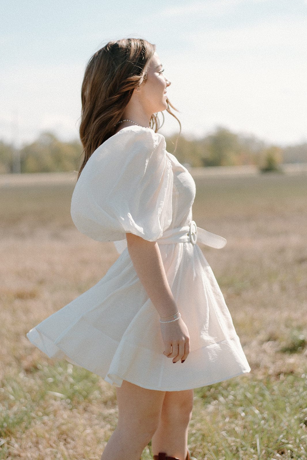 Cream Puff Sleeve Mini Dress with Belt.