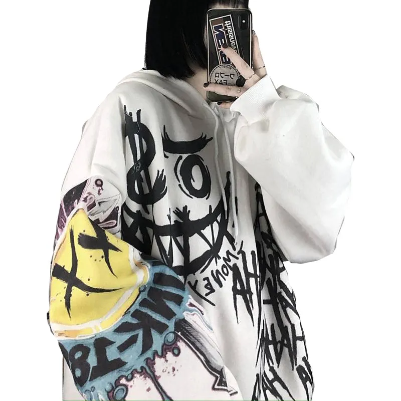 Gothic punk hooded sweatshirts for women, oversized and cartoon-inspired.