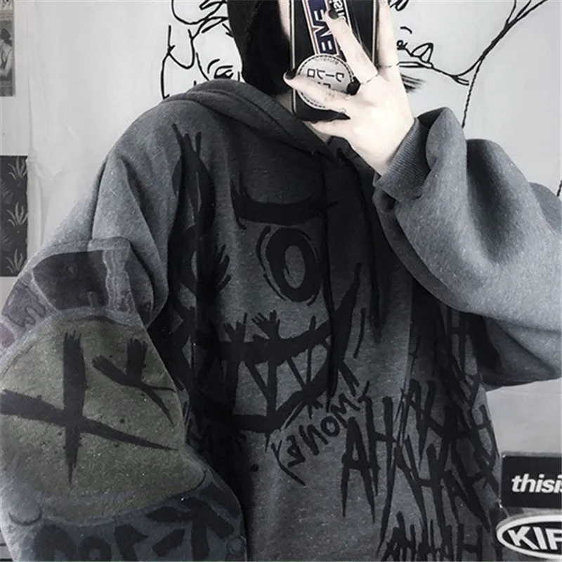 Gothic punk hooded sweatshirts for women, oversized and cartoon-inspired.