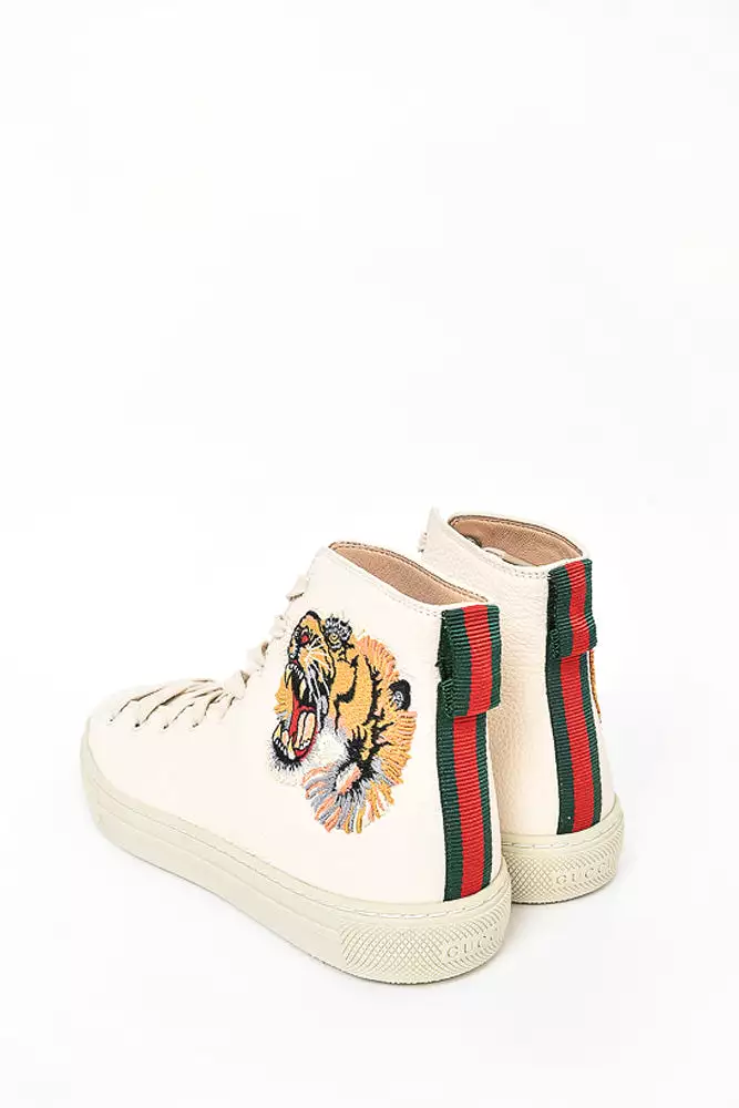 Gucci Cream Leather Tiger Embroidered High Top Sneaker size 6.5