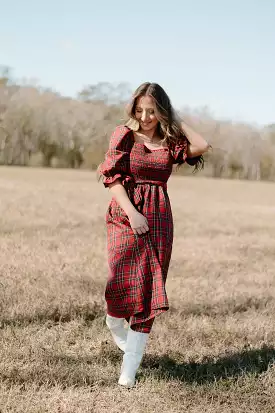 Holiday Red Plaid Mid-Length Dress