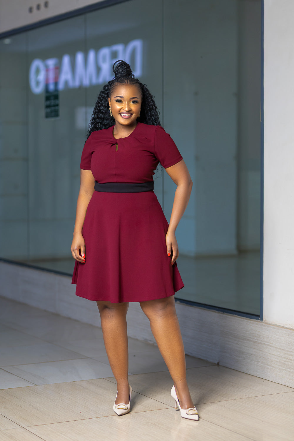 Maroon Aline dress with a crossneck