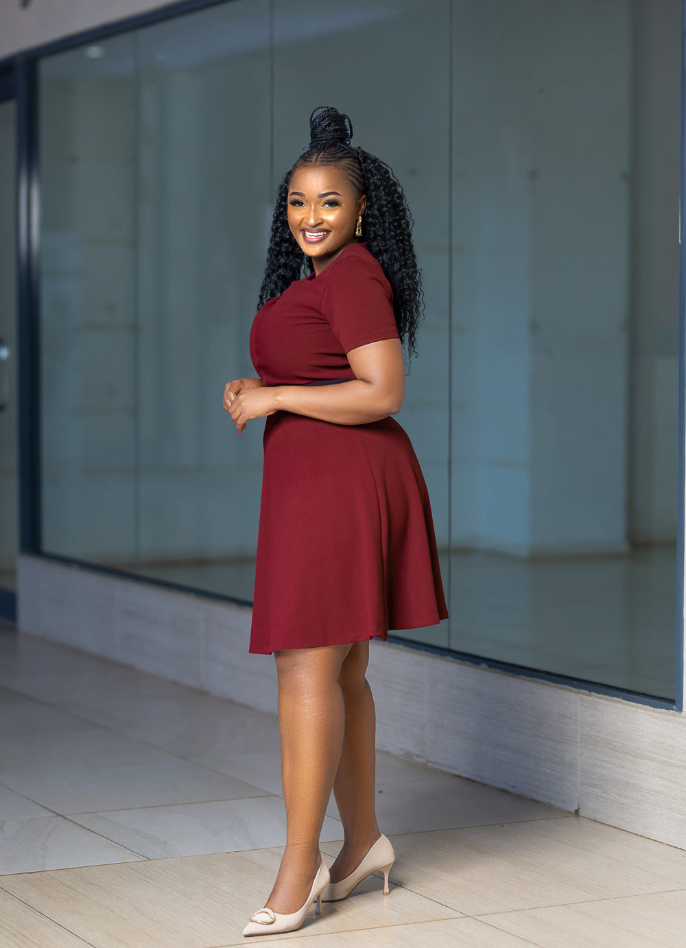 Maroon Aline dress with a crossneck