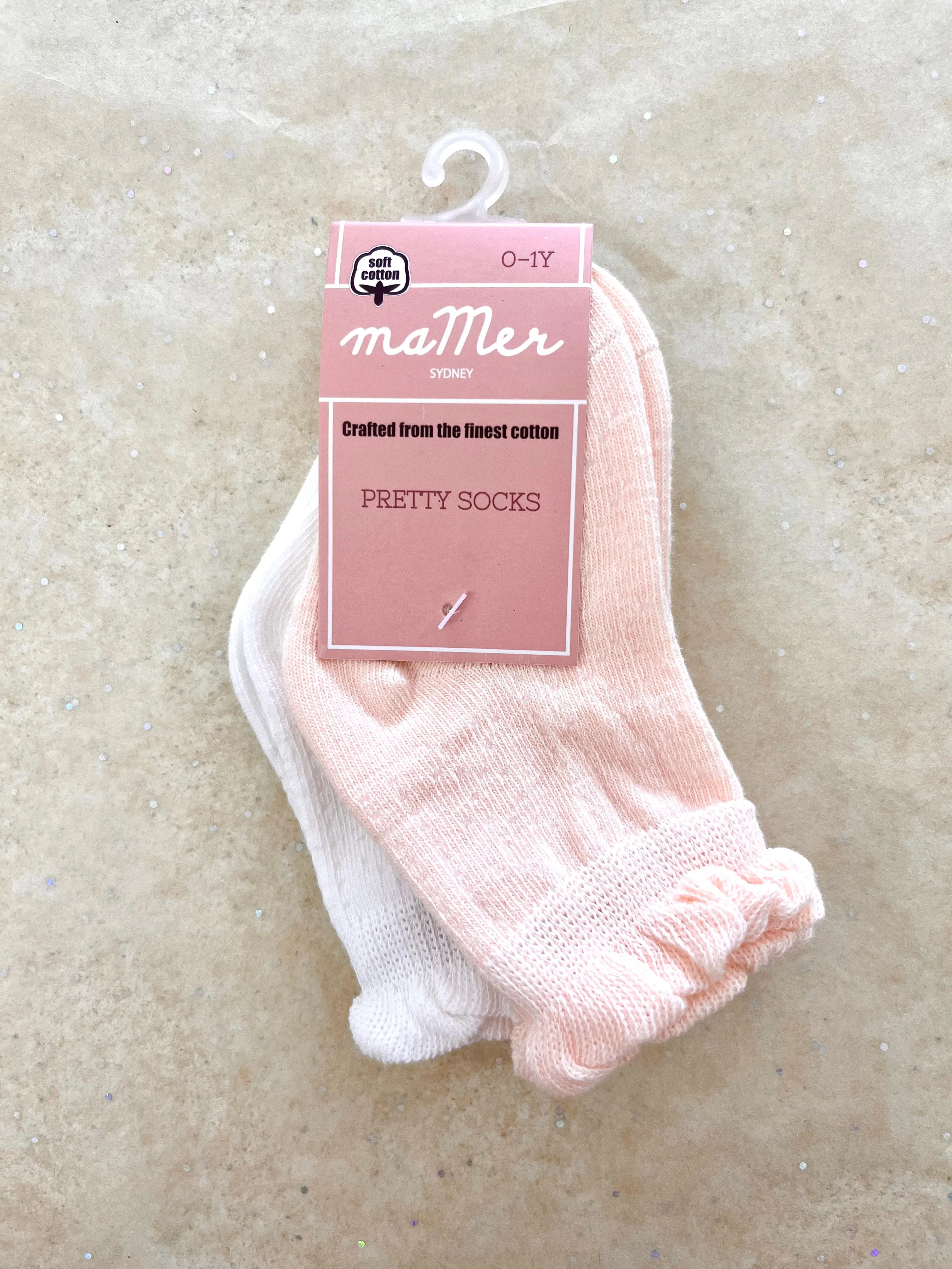 Mer Frilly Crew Socks 2 pack - Light Pink/White