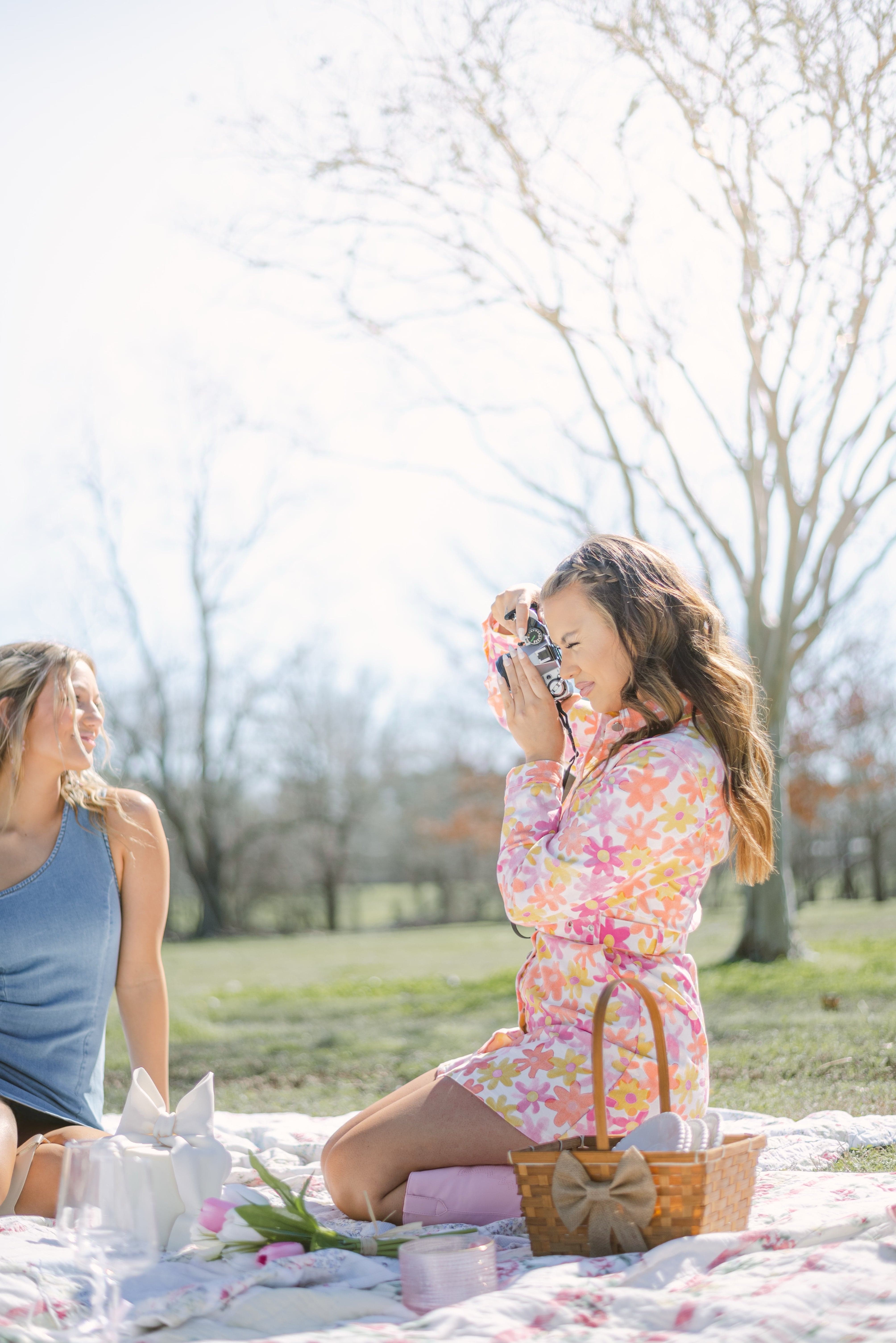 Pink Orange Flower Belted Denim Dress - Shop Now