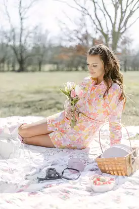 Pink Orange Flower Belted Denim Dress - Shop Now