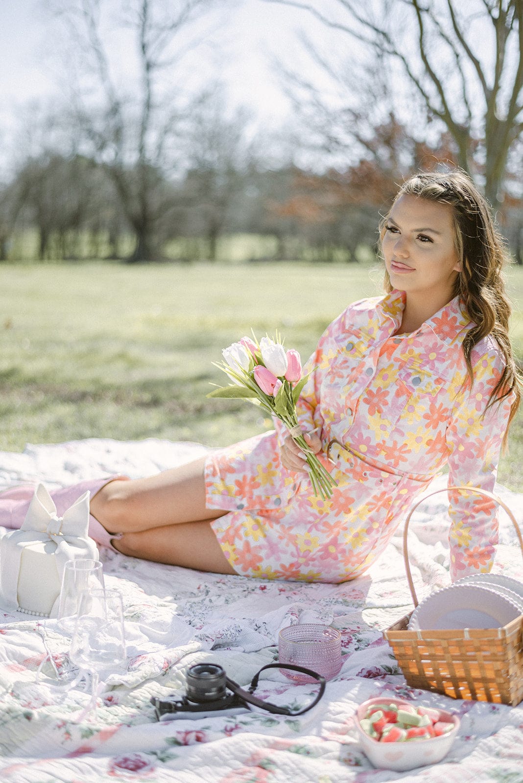 Pink Orange Flower Belted Denim Dress - Shop Now