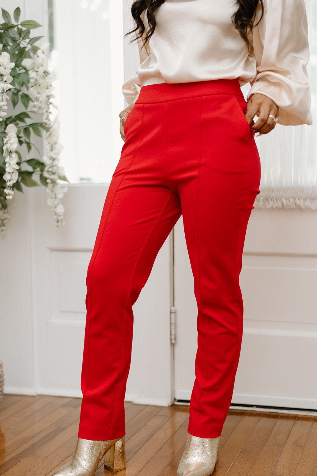 Red Pin Tuck High Waist Pants