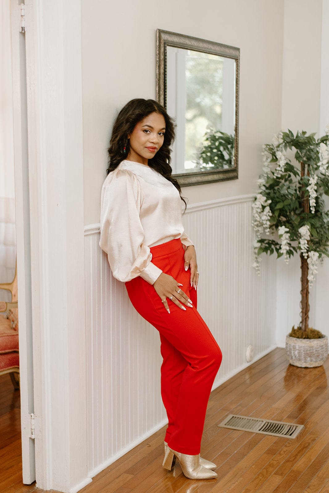 Red Pin Tuck High Waist Pants