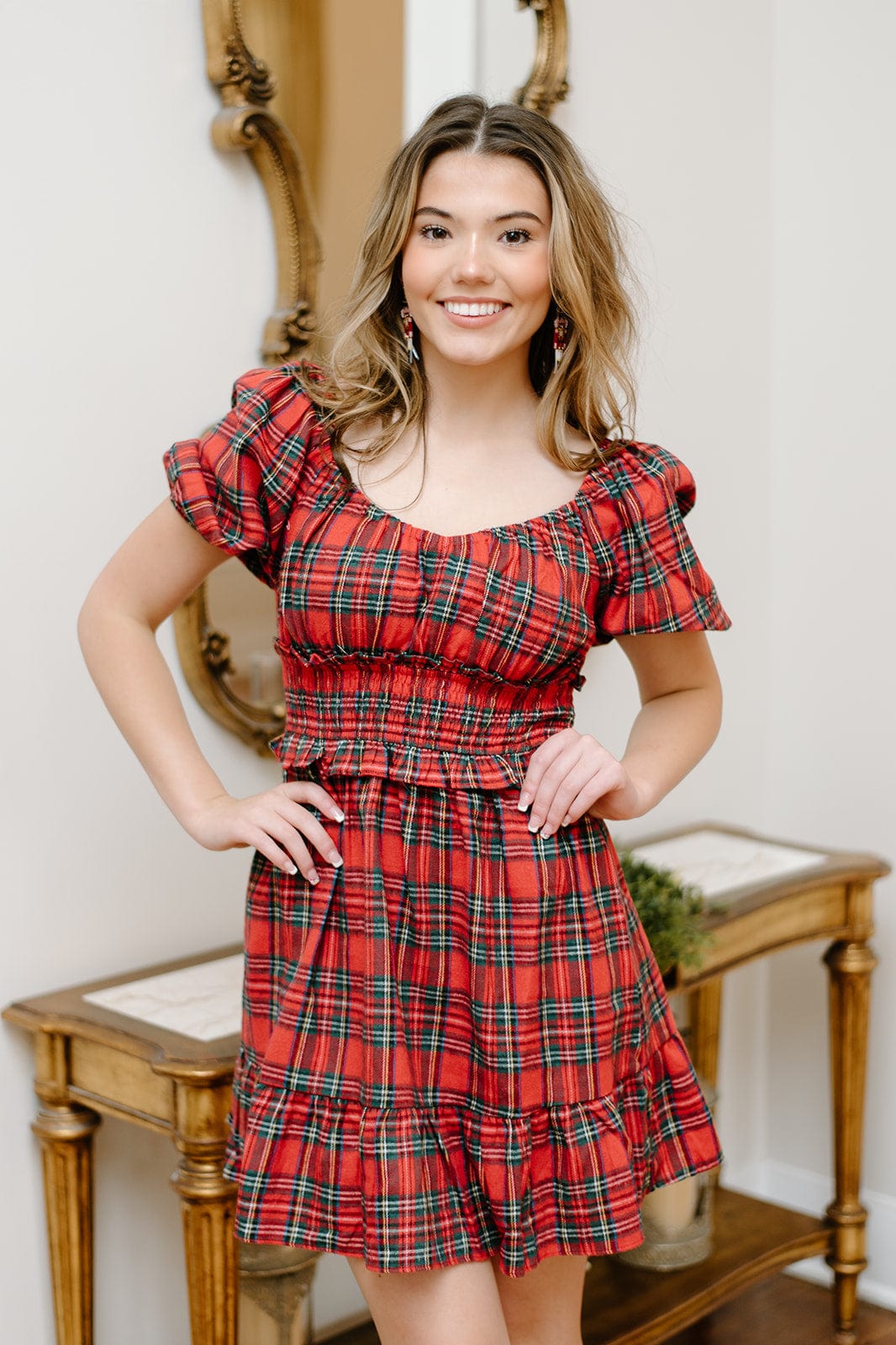 Red Plaid Smocked Dress - Trendy Women's Fashion - Shop Now