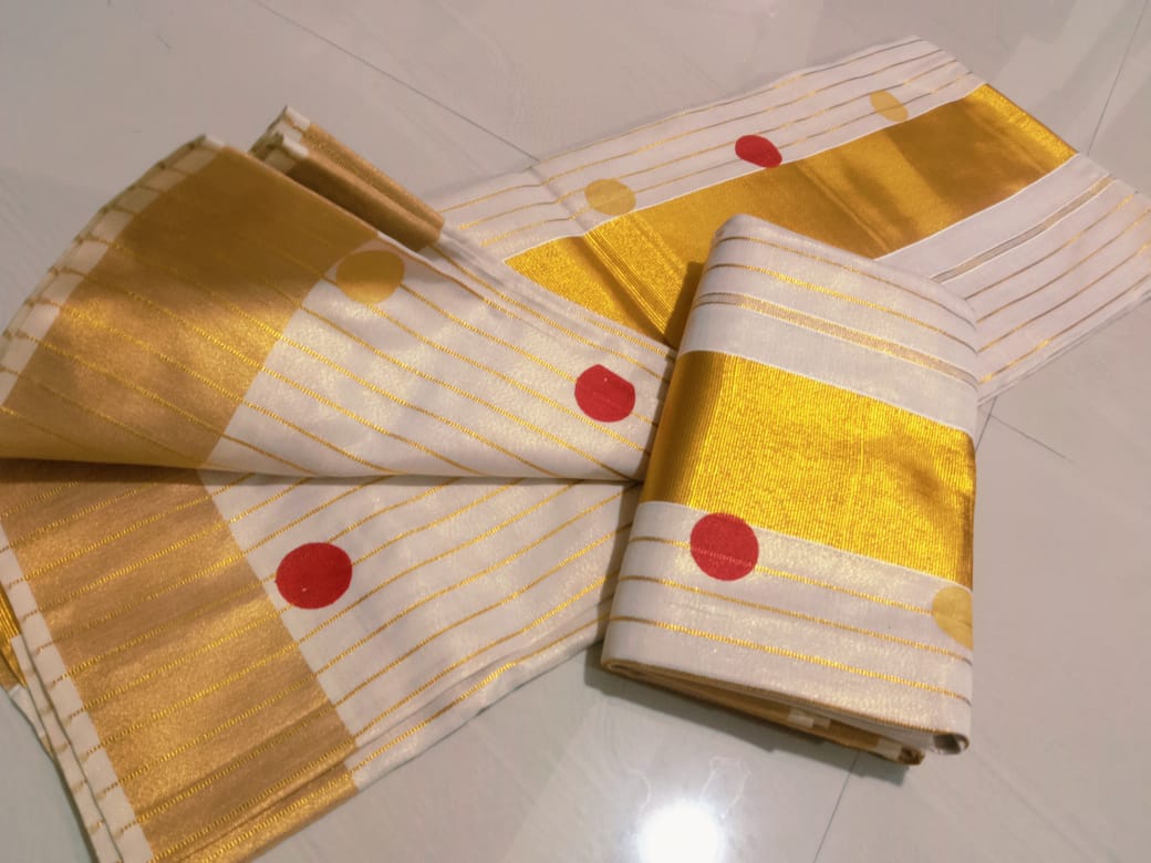 Red Polka Dot Golden Saree for Women