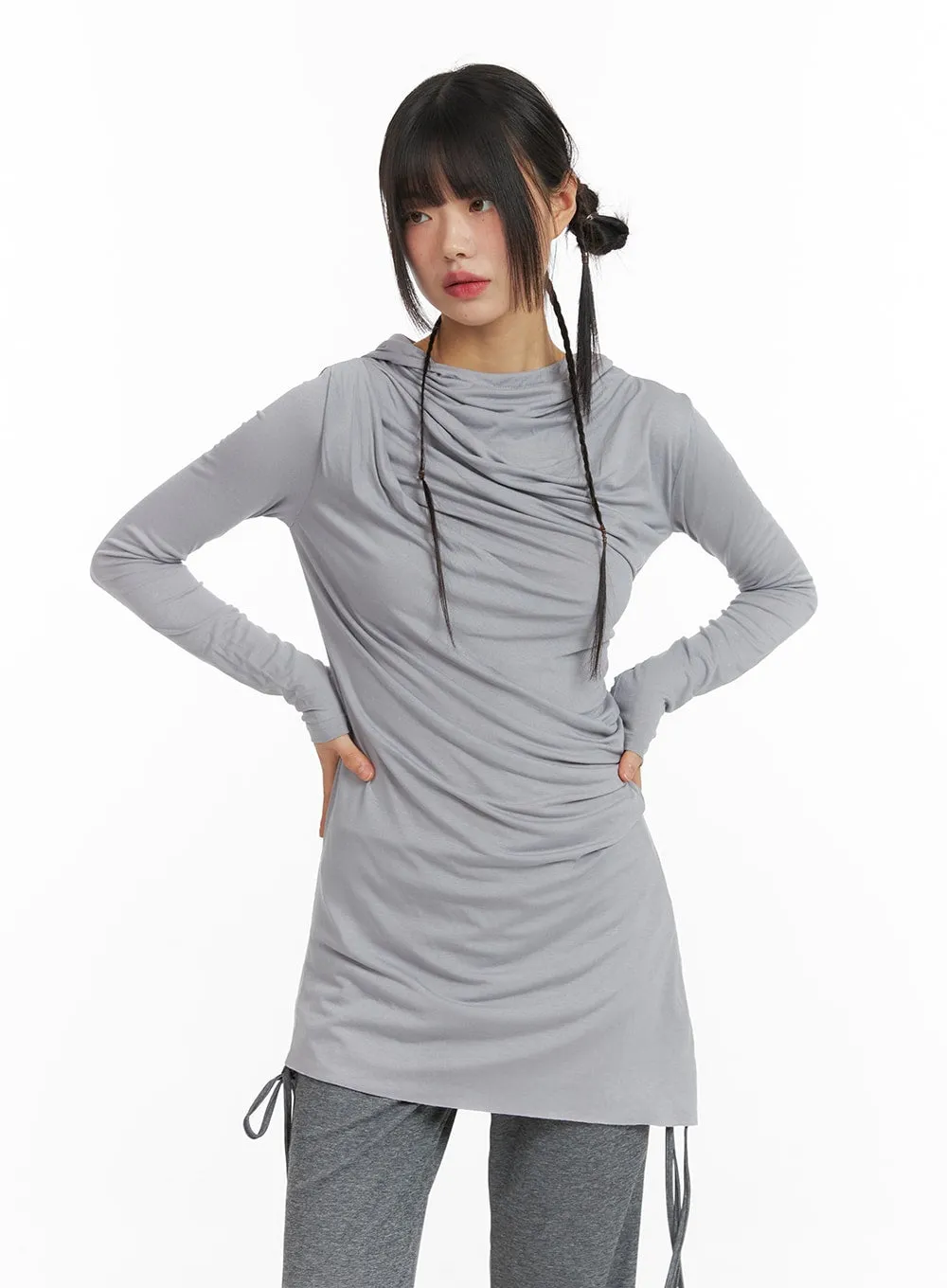 Shirred Hooded Dress with Long Sleeves - CF422