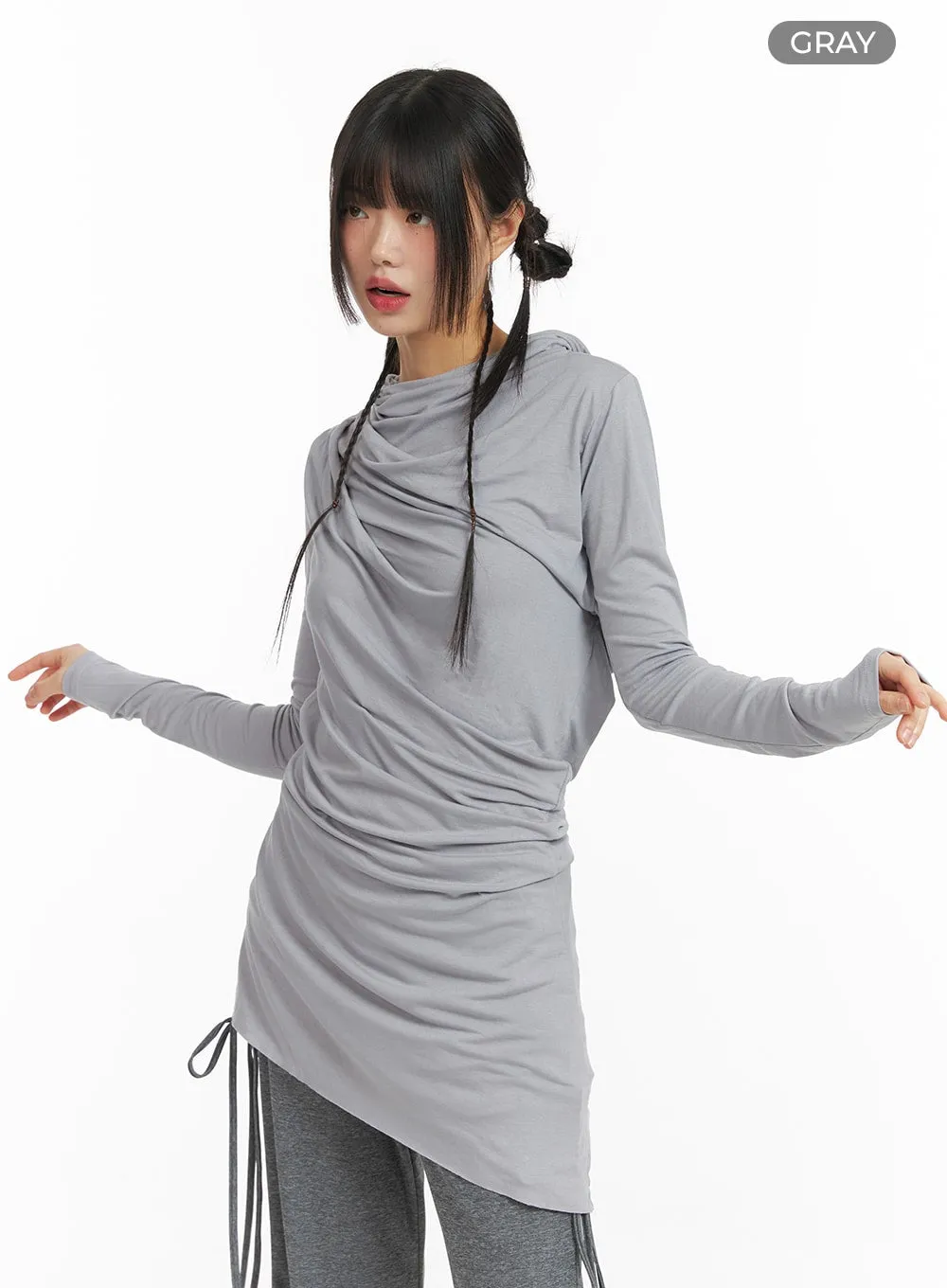 Shirred Hooded Dress with Long Sleeves - CF422