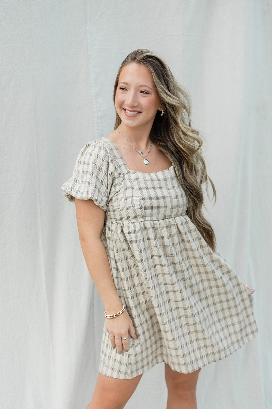 Taupe Checkered Babydoll Dress