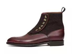 Westlake MTO Burgundy Calf and Burgundy Medley Tweed shoes on the NGT Last with Single Leather Sole.