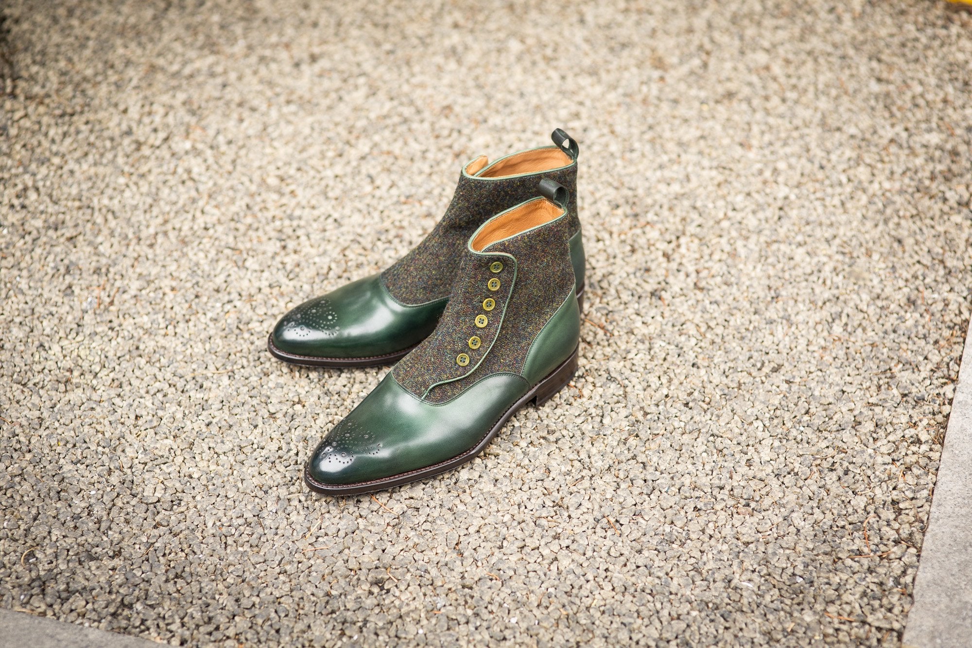 Westlake shoes in Forest Green Calf and Moss Green Medley Tweed with NGT Last and Single Leather Sole.