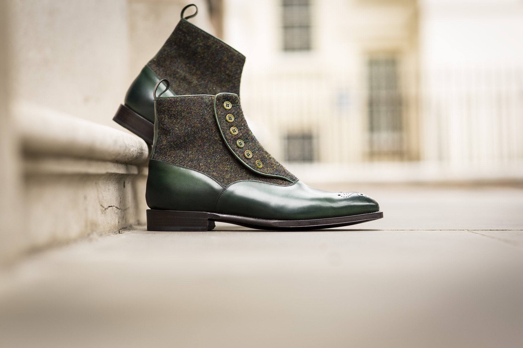 Westlake shoes in Forest Green Calf and Moss Green Medley Tweed with NGT Last and Single Leather Sole.