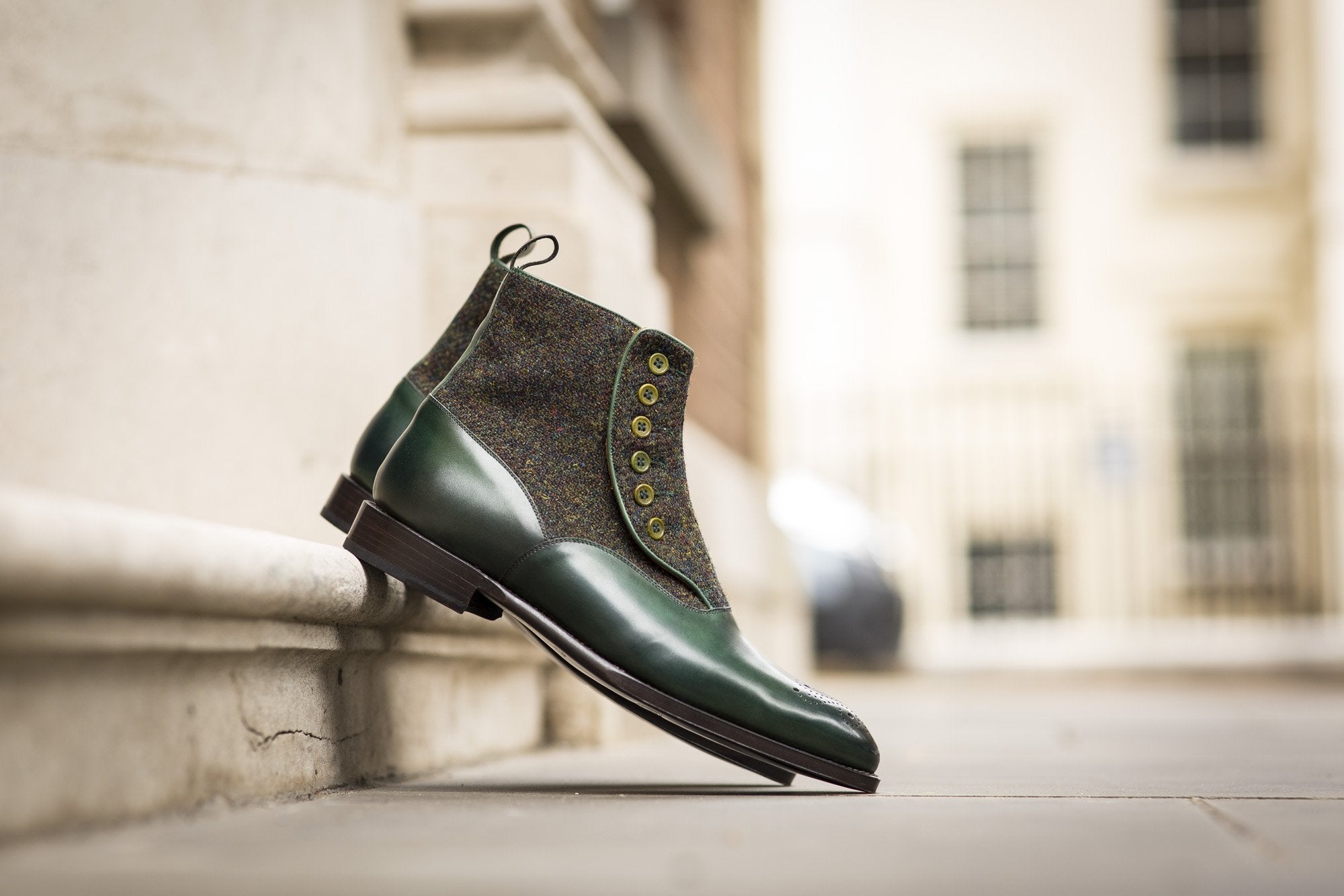 Westlake shoes in Forest Green Calf and Moss Green Medley Tweed with NGT Last and Single Leather Sole.