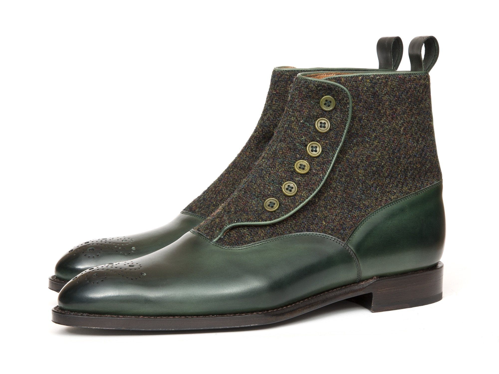 Westlake shoes in Forest Green Calf and Moss Green Medley Tweed with NGT Last and Single Leather Sole.