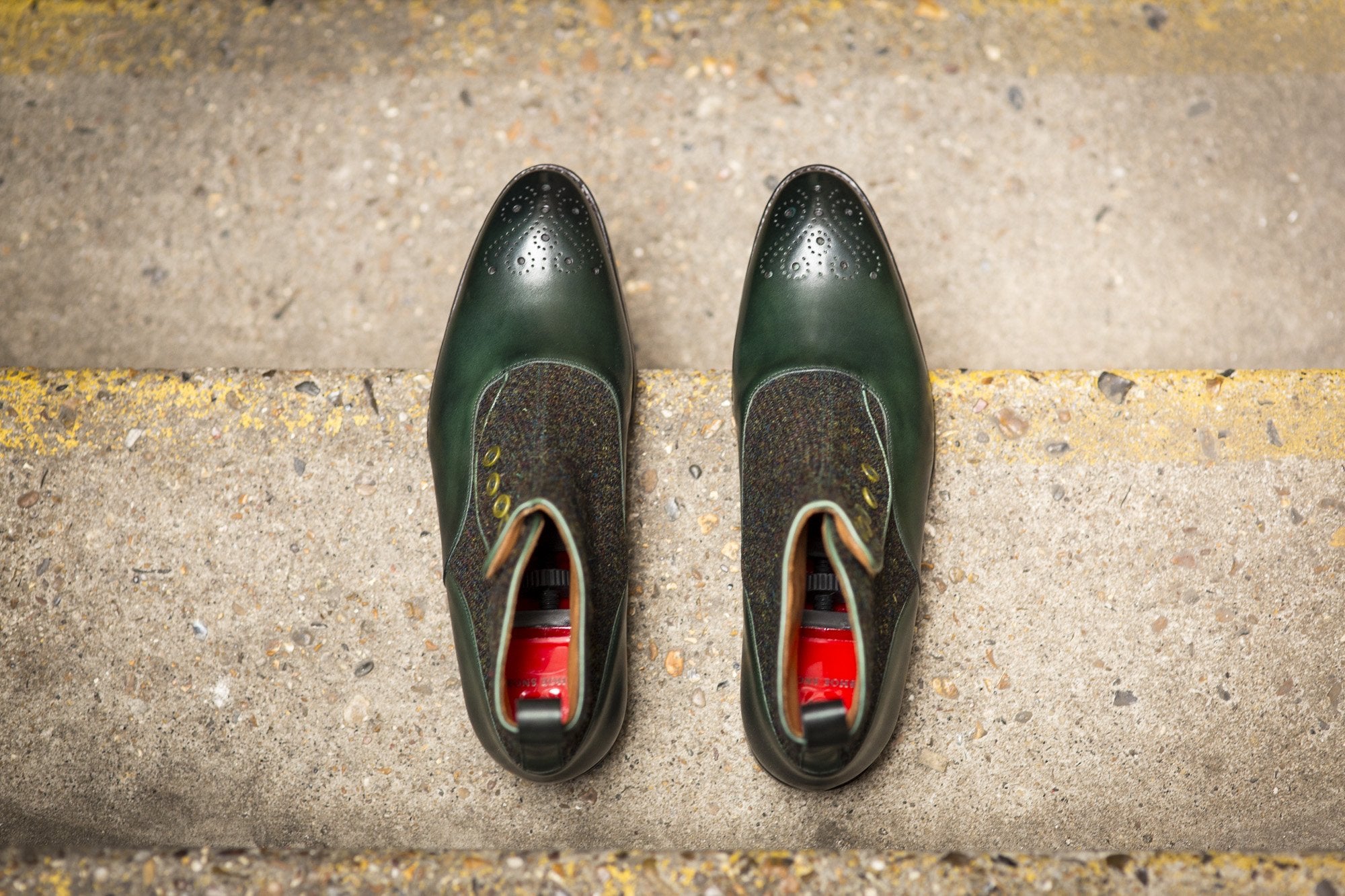 Westlake shoes in Forest Green Calf and Moss Green Medley Tweed with NGT Last and Single Leather Sole.