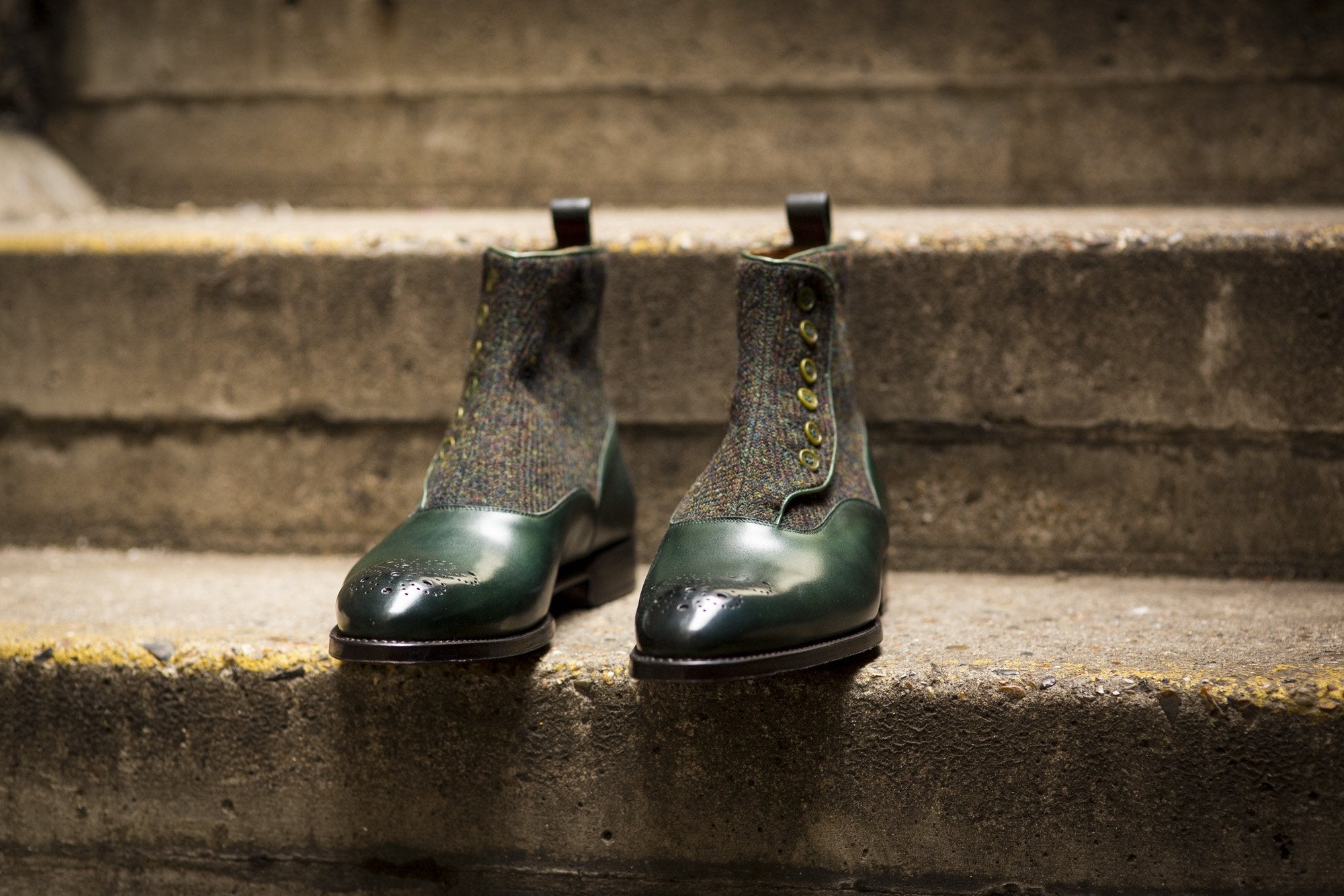 Westlake shoes in Forest Green Calf and Moss Green Medley Tweed with NGT Last and Single Leather Sole.