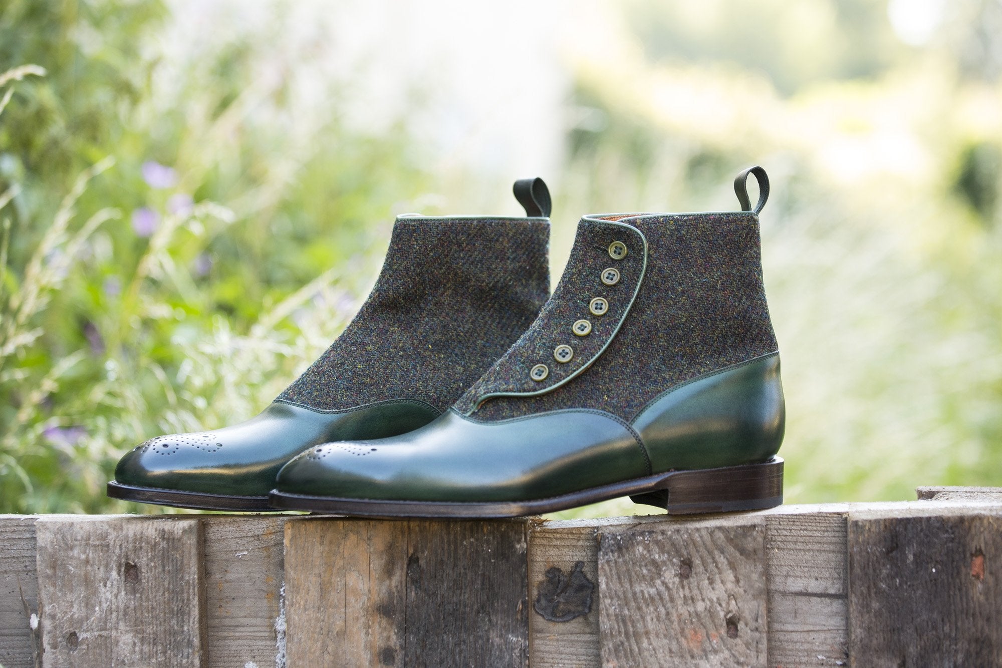 Westlake shoes in Forest Green Calf and Moss Green Medley Tweed with NGT Last and Single Leather Sole.