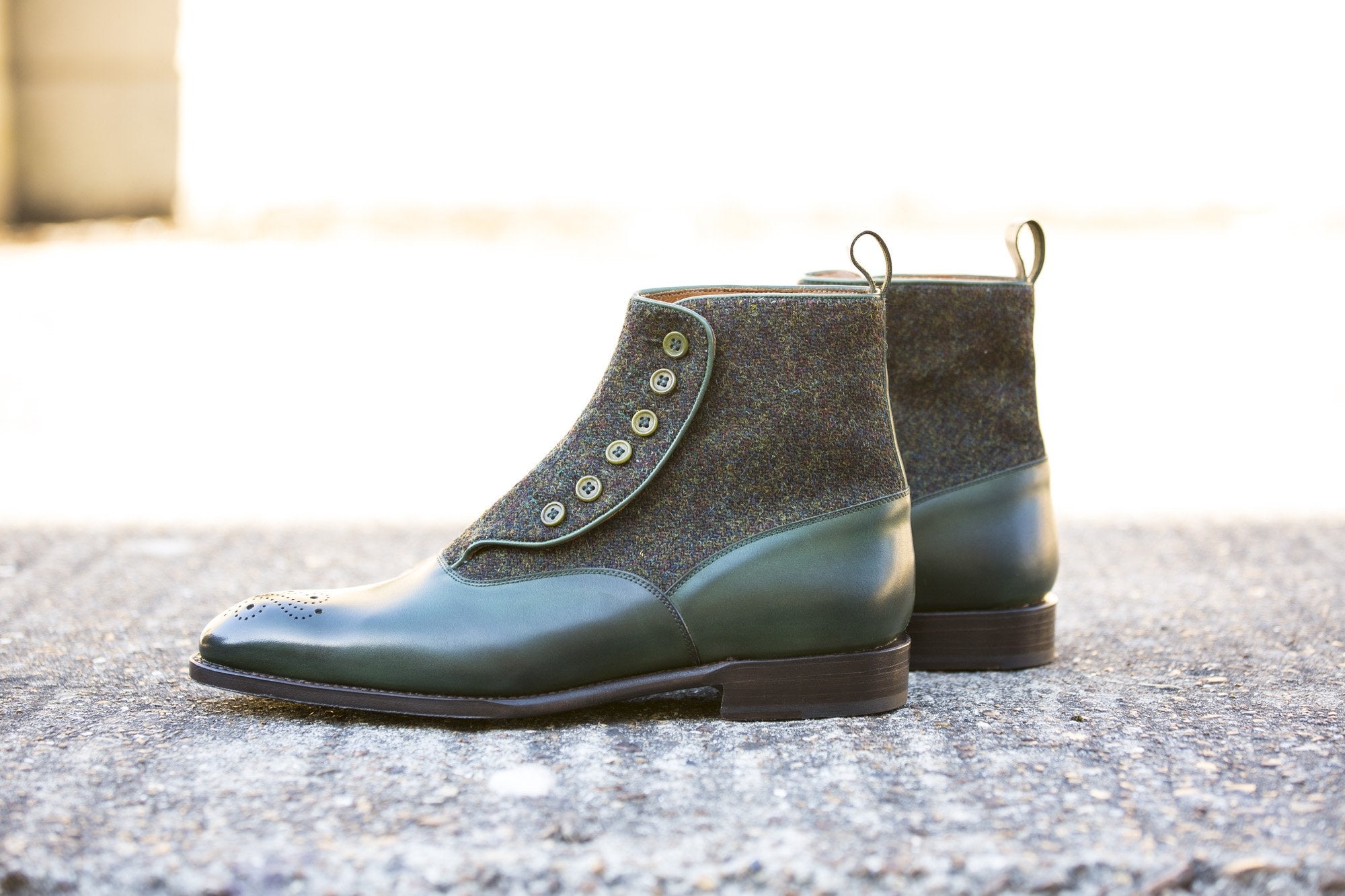 Westlake shoes in Forest Green Calf and Moss Green Medley Tweed with NGT Last and Single Leather Sole.