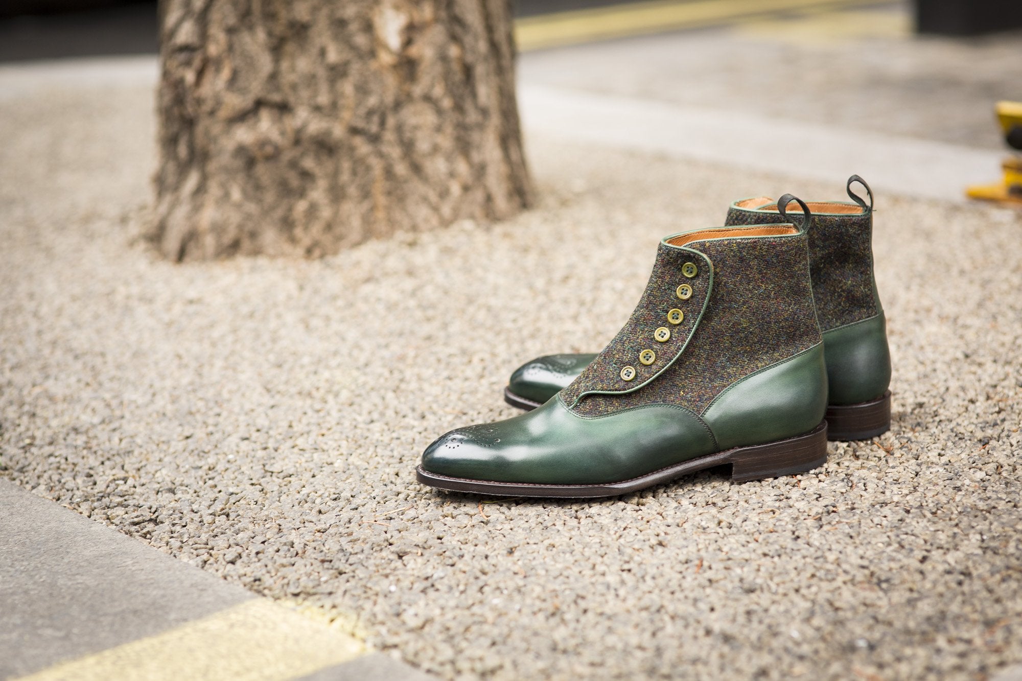 Westlake shoes in Forest Green Calf and Moss Green Medley Tweed with NGT Last and Single Leather Sole.