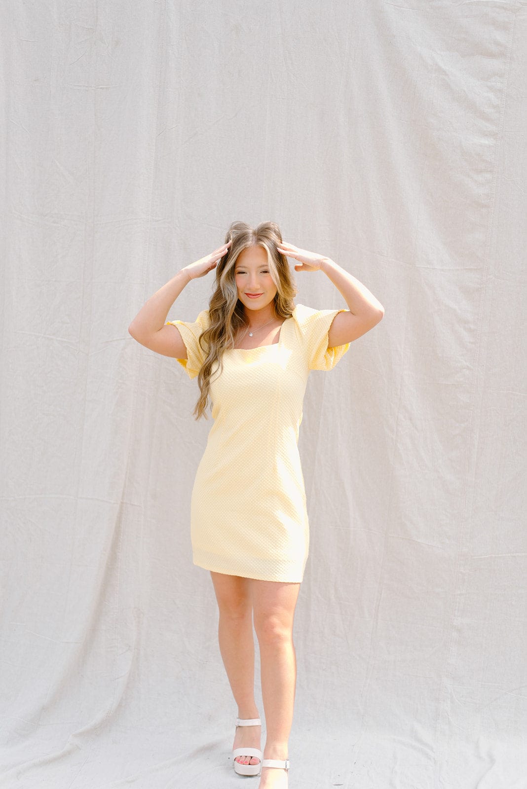 yellow puff short sleeve mini dress