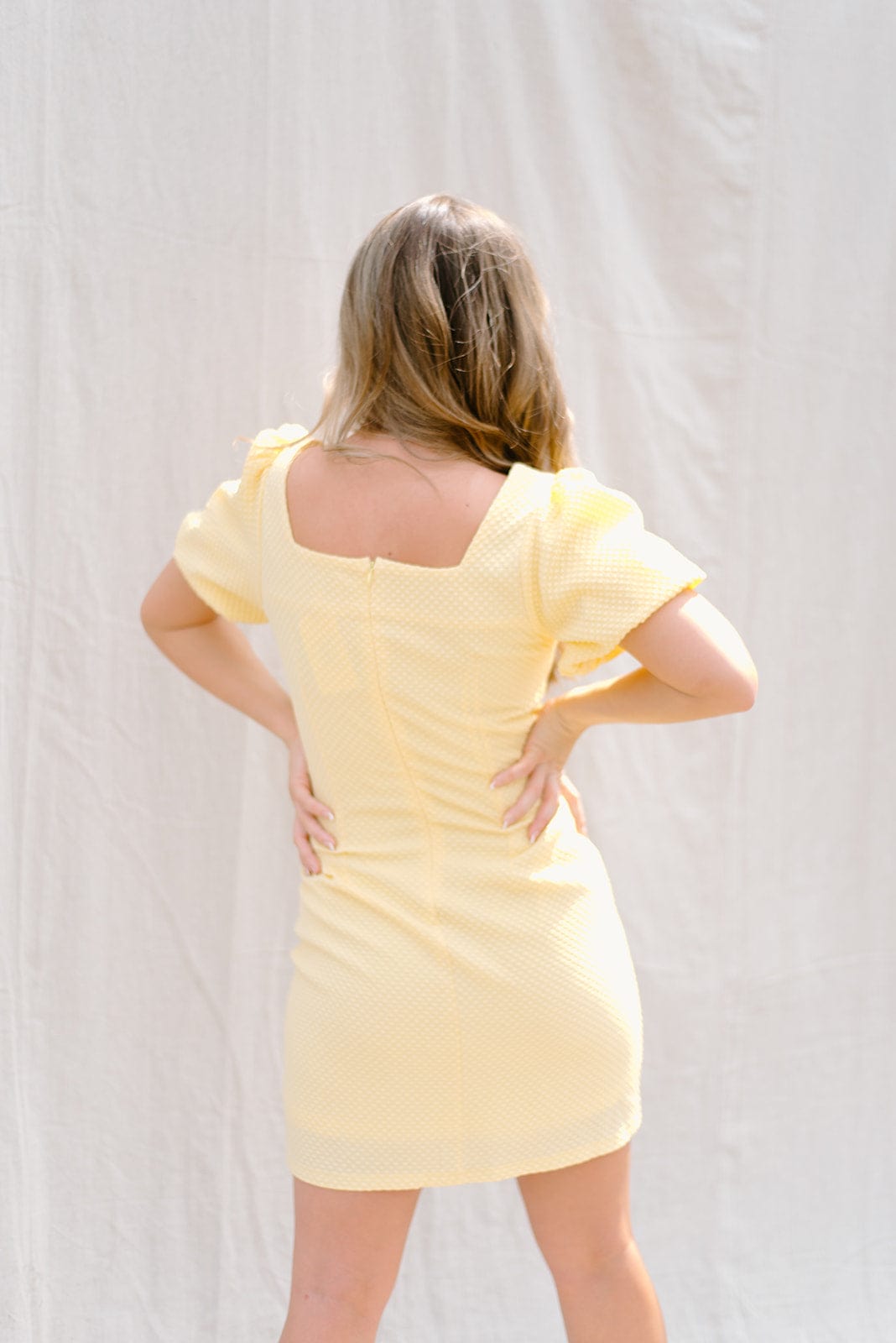 yellow puff short sleeve mini dress